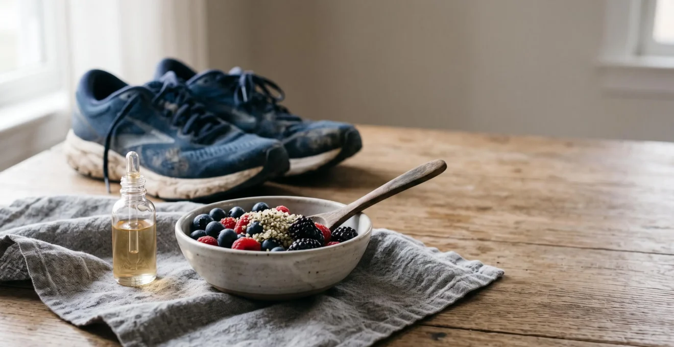 Composition editoriale d'aliments infuses au CBD associes a du materiel de sport pour illustrer la recuperation musculaire