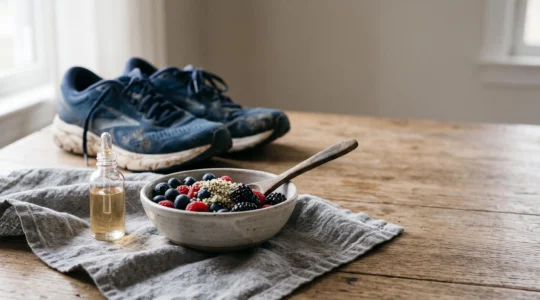 Composition editoriale d'aliments infuses au CBD associes a du materiel de sport pour illustrer la recuperation musculaire