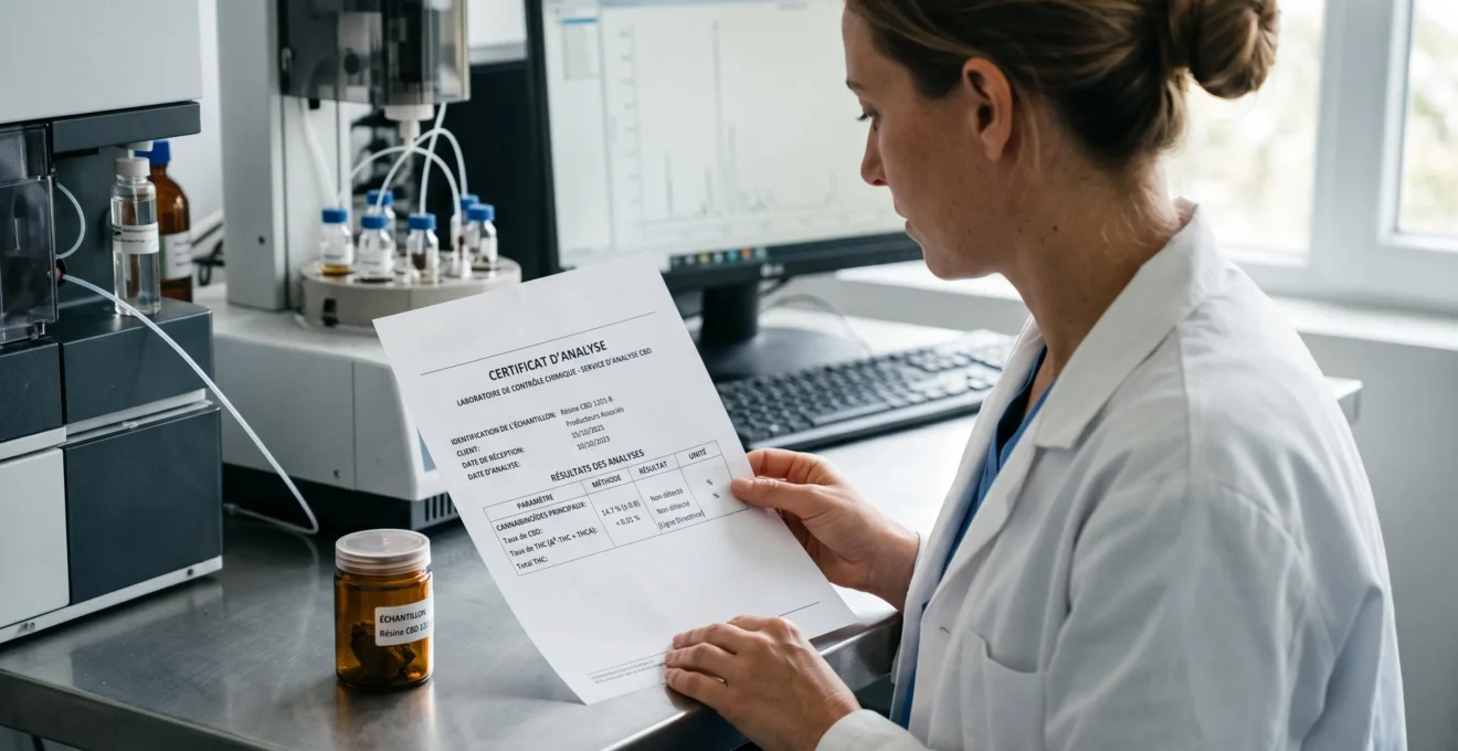 Analyste de laboratoire consultant un certificat d'analyse de cannabinoïdes avec un échantillon de résine CBD