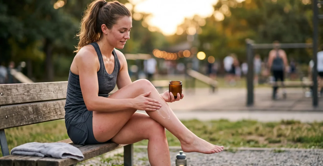 Sportif appliquant un gel rafraichissant au CBD sur ses muscles apres une seance d'entrainement