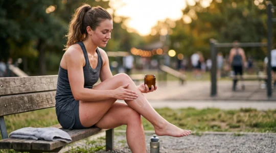 Sportif appliquant un gel rafraichissant au CBD sur ses muscles apres une seance d'entrainement