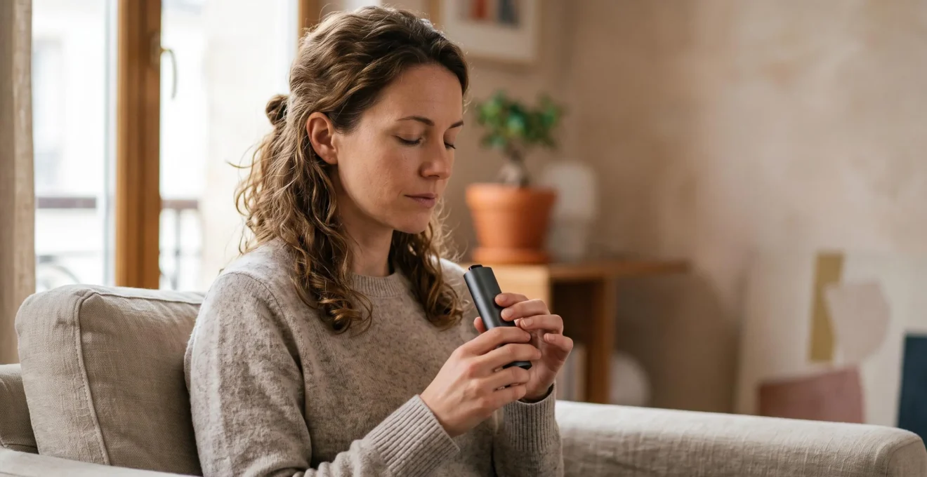 Personne sereine ajustant calmement l'intensite de son vaporisateur de CBD dans un interieur lumineux et epure, symbolisant une montee en dose progressive et maitrisee