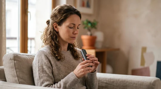 Personne sereine ajustant calmement l'intensite de son vaporisateur de CBD dans un interieur lumineux et epure, symbolisant une montee en dose progressive et maitrisee