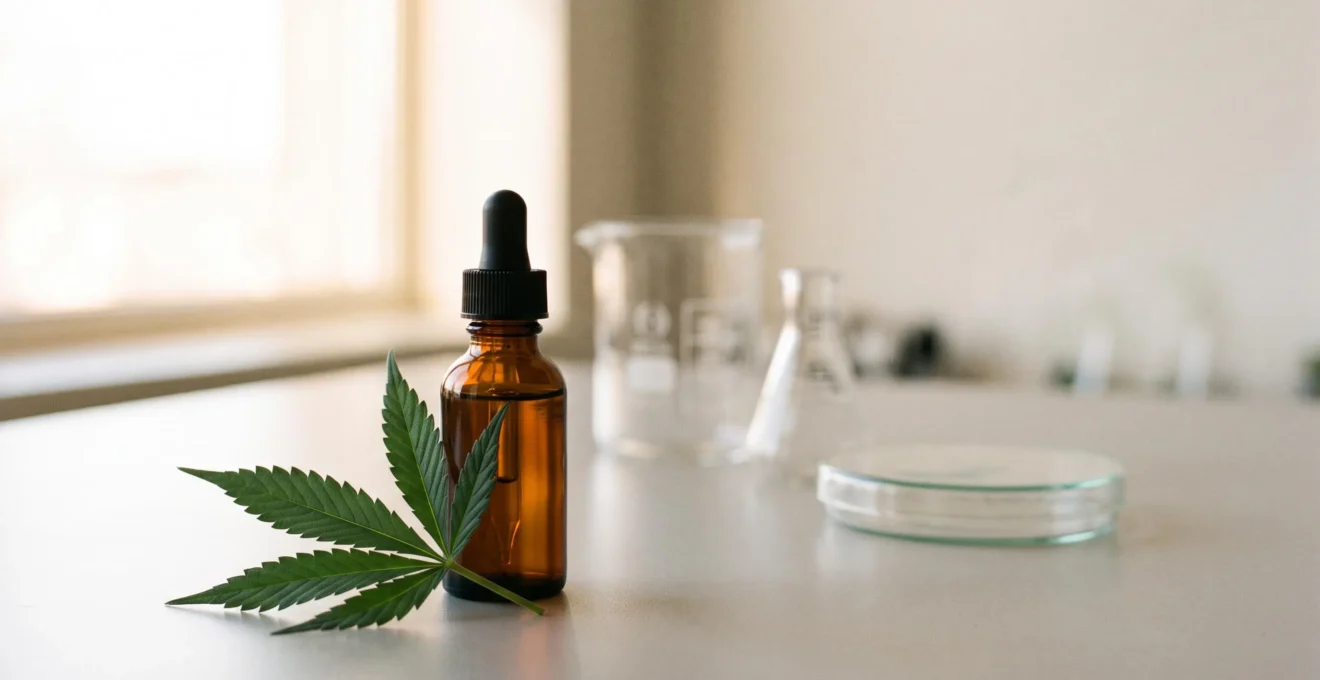 Une fleur de chanvre et du materiel scientifique de laboratoire evoquant la recherche sur les bienfaits prouves du CBD