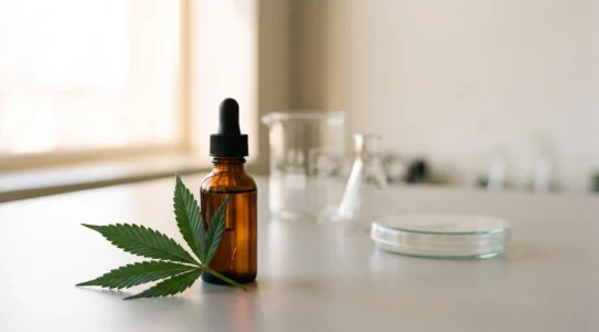 Une fleur de chanvre et du materiel scientifique de laboratoire evoquant la recherche sur les bienfaits prouves du CBD