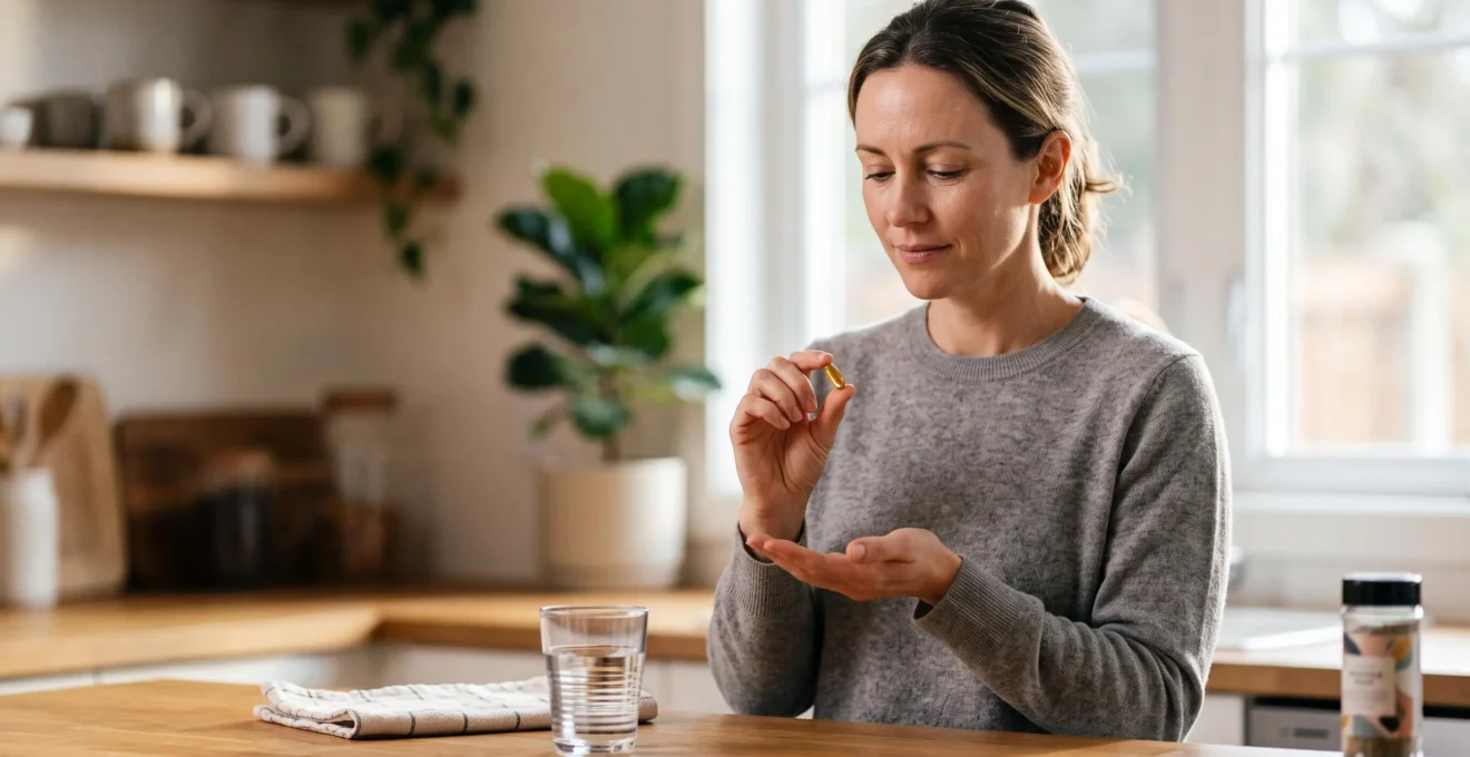 Une main tenant une capsule de CBD dans un cadre de vie quotidienne apaisé, symbolisant une routine bien-être sans contrainte