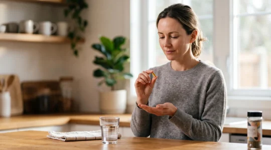 Une main tenant une capsule de CBD dans un cadre de vie quotidienne apaisé, symbolisant une routine bien-être sans contrainte