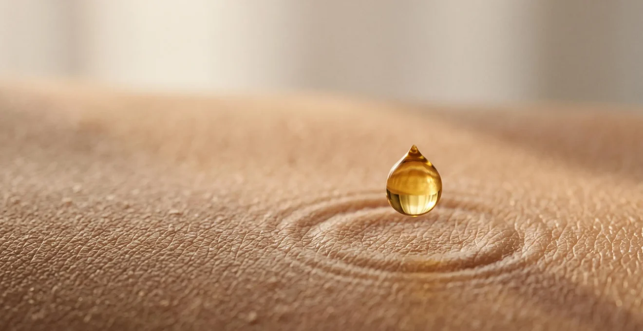 Goutte d'huile botanique suspendue au-dessus de la peau, symbolisant l'action simultanée du CBD sur le vieillissement cutane