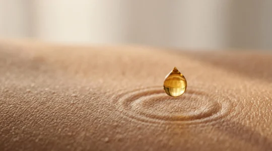 Goutte d'huile botanique suspendue au-dessus de la peau, symbolisant l'action simultanée du CBD sur le vieillissement cutane