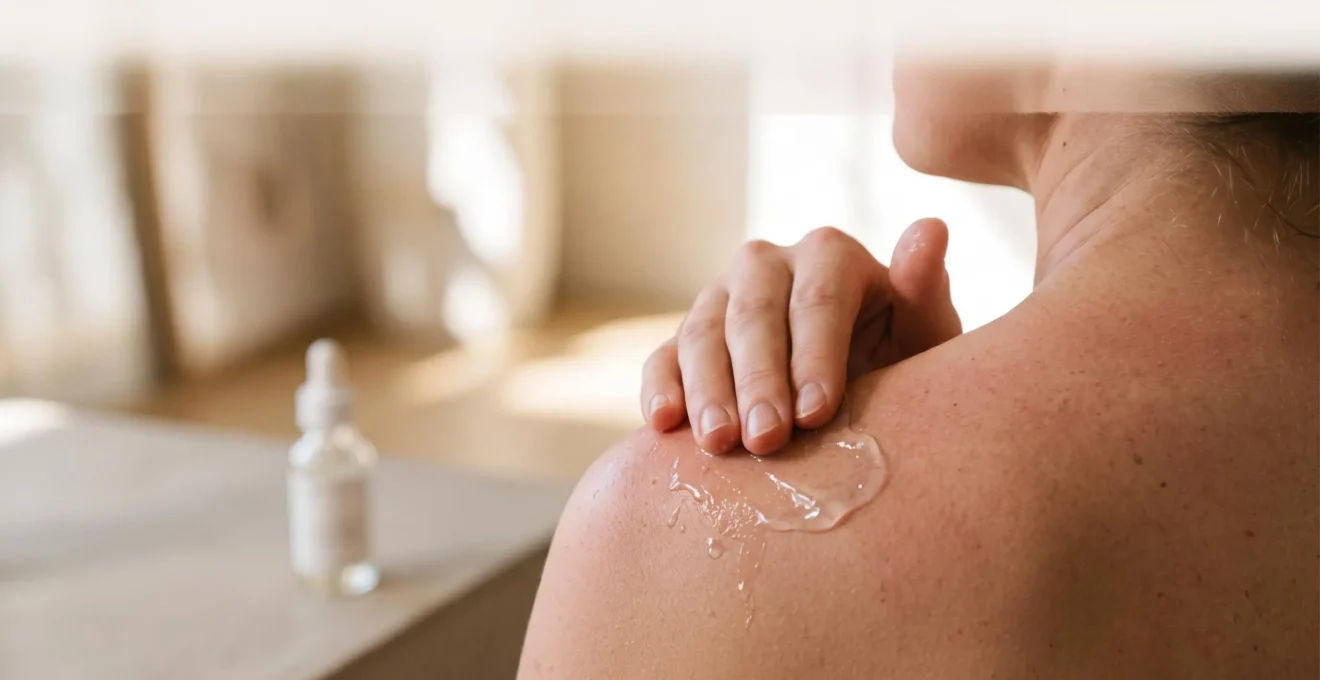 Application délicate d'un soin apaisant sur une peau marquée par un coup de soleil, symbolisant l'usage du CBD pour la réparation cutanée