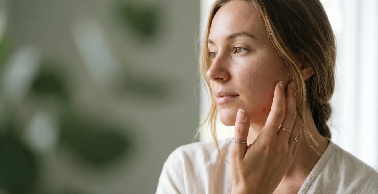 Jeune femme au teint apaisé et lumineux, illustrant les bienfaits du CBD sur les peaux sensibles sujettes à l'acné ou l'eczéma