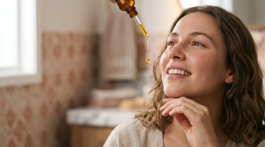 Goutte d'huile de CBD tombant vers un sourire sain symbolisant la prévention de la plaque dentaire et des caries