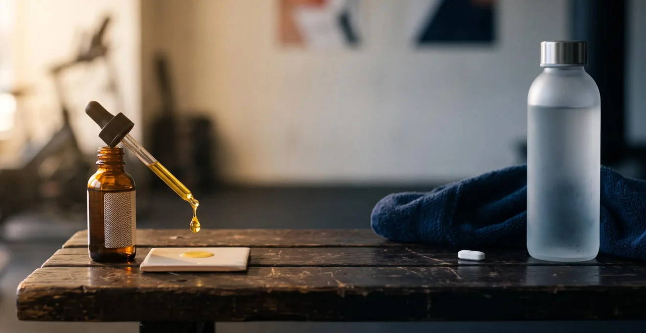Contraste visuel entre une goutte d'huile de CBD naturelle et un comprimé anti-inflammatoire chimique après une séance de sport