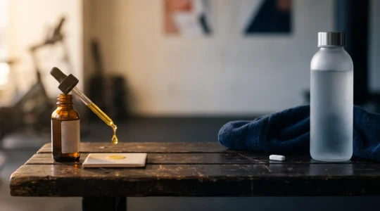 Contraste visuel entre une goutte d'huile de CBD naturelle et un comprimé anti-inflammatoire chimique après une séance de sport