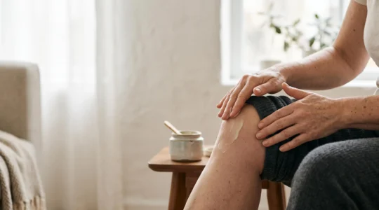 Mains matures appliquant un baume apaisant sur un genou dans une lumière naturelle douce, illustrant le choix d'un soin CBD pour l'arthrose
