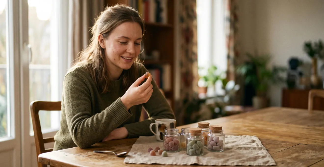 Une personne choisit avec attention un bonbon au CBD parmi plusieurs variétés colorées disposées sur une table en bois, dans une ambiance chaleureuse et détendue.