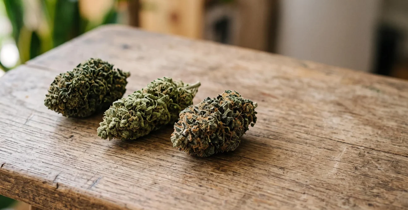 Trois variétés de fleurs de CBD disposées côte à côte illustrant le choix entre indica, sativa et hybride