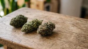 Trois variétés de fleurs de CBD disposées côte à côte illustrant le choix entre indica, sativa et hybride
