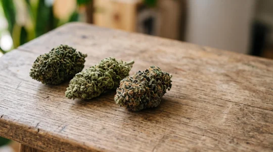 Trois variétés de fleurs de CBD disposées côte à côte illustrant le choix entre indica, sativa et hybride