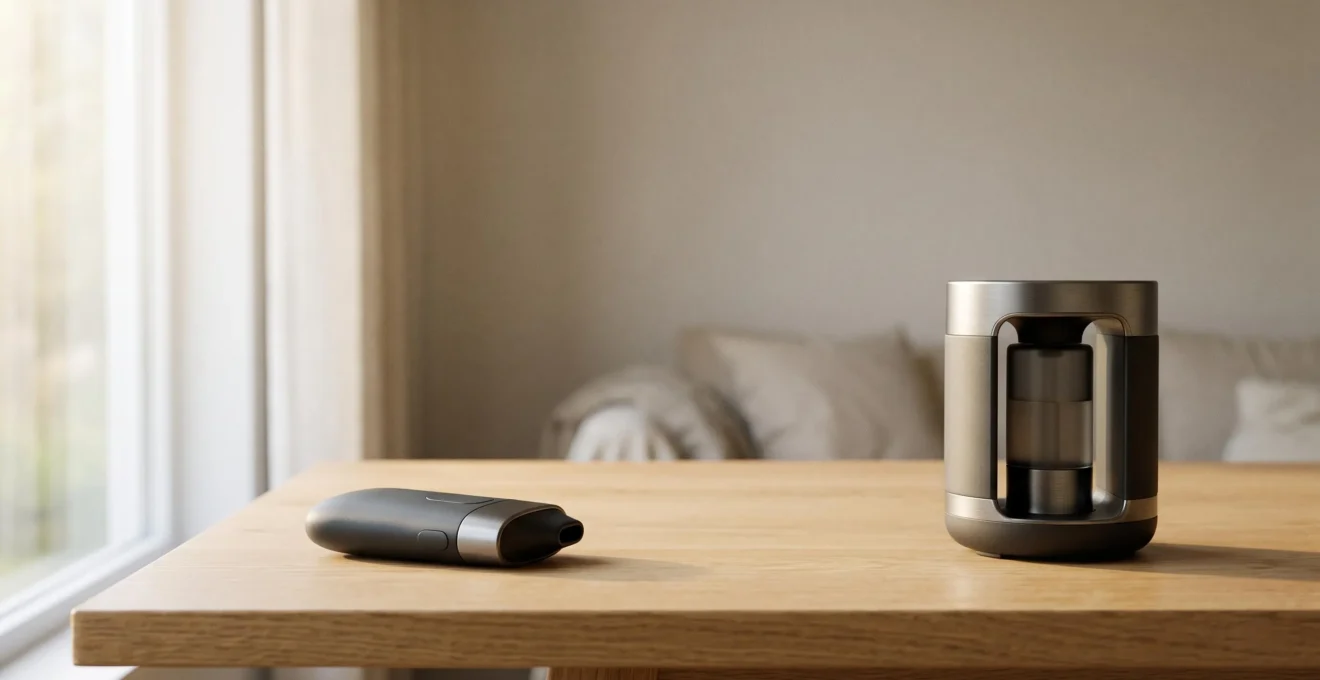 Deux vaporisateurs CBD, l'un portable et l'un de salon, posés côte à côte dans un intérieur épuré symbolisant le choix entre mobilité et puissance