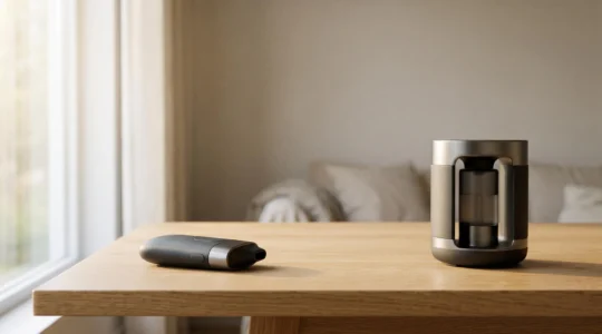 Deux vaporisateurs CBD, l'un portable et l'un de salon, posés côte à côte dans un intérieur épuré symbolisant le choix entre mobilité et puissance