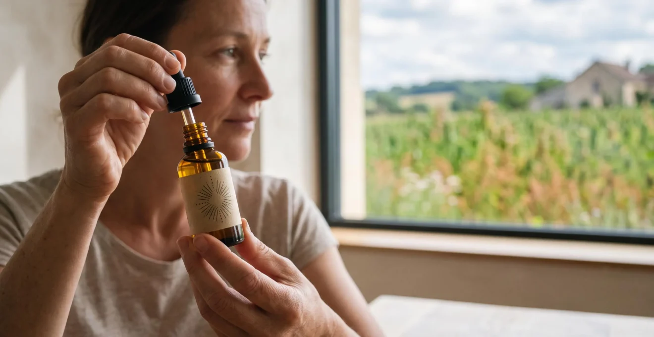 Gros plan sur des mains examinant avec attention un flacon compte-gouttes d'huile de CBD dans un cadre naturel évoquant la confiance et la traçabilité