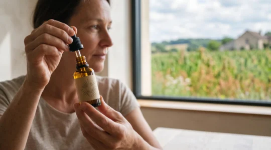 Gros plan sur des mains examinant avec attention un flacon compte-gouttes d'huile de CBD dans un cadre naturel évoquant la confiance et la traçabilité