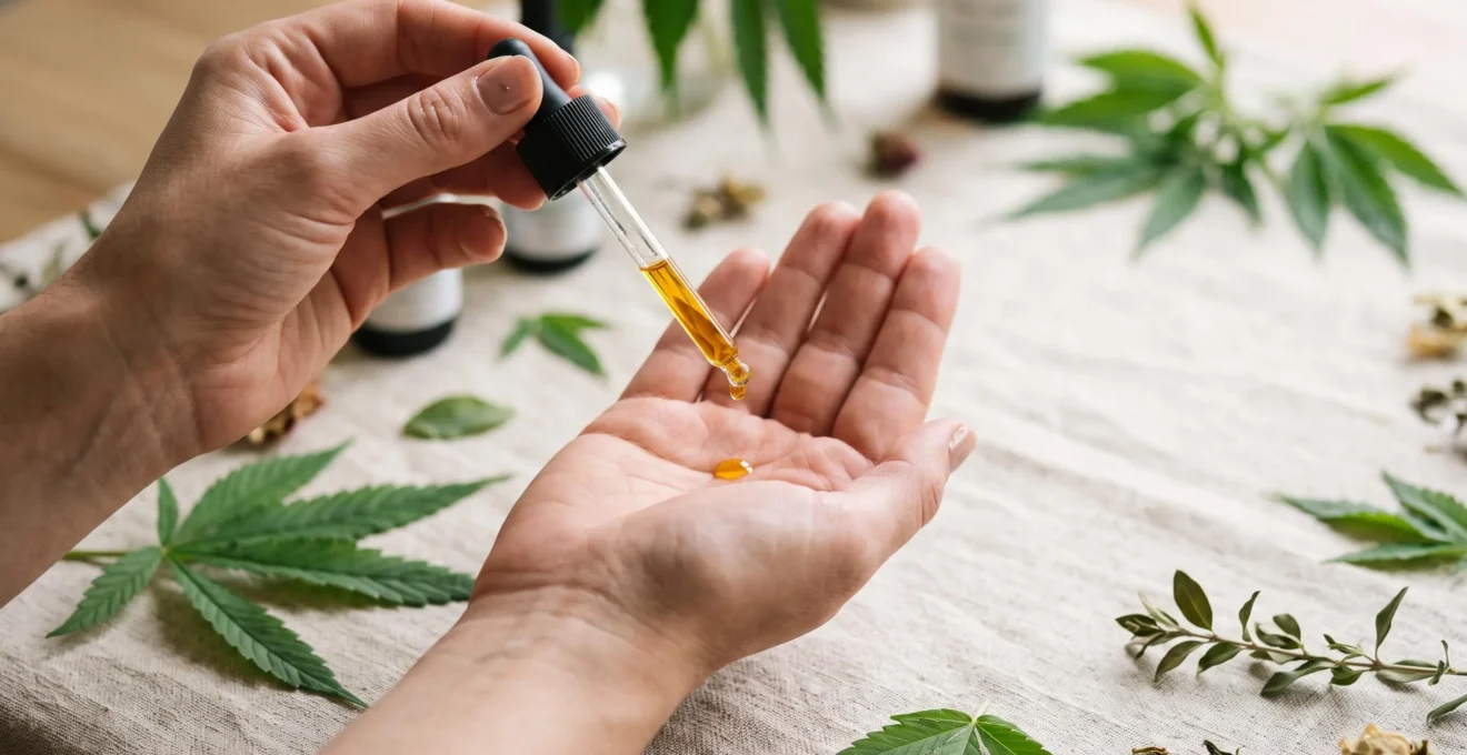 Main tenant délicatement un compte-gouttes en verre laissant tomber une goutte d'extrait de chanvre doré au-dessus de feuilles de CBD fraîches