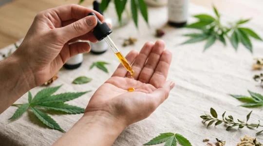 Main tenant délicatement un compte-gouttes en verre laissant tomber une goutte d'extrait de chanvre doré au-dessus de feuilles de CBD fraîches