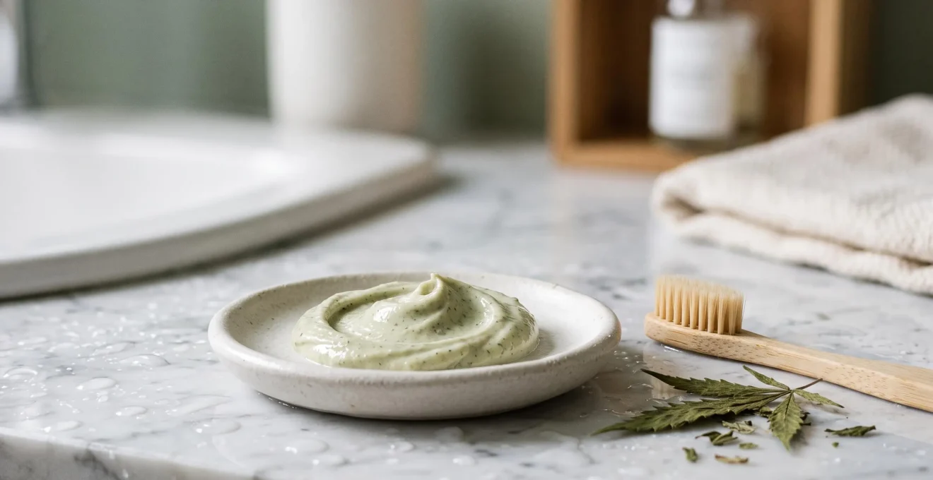 Gros plan artistique sur une texture crémeuse verte évoquant un soin naturel apaisant pour les gencives, dans une ambiance de salle de bain épurée