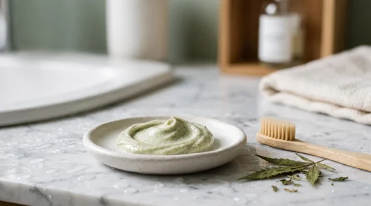 Gros plan artistique sur une texture crémeuse verte évoquant un soin naturel apaisant pour les gencives, dans une ambiance de salle de bain épurée
