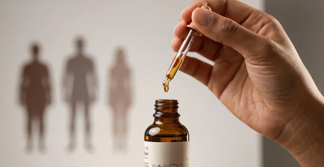 Main tenant une pipette de compte-gouttes au-dessus d'une surface d'huile, symbolisant le calcul précis d'une dose de CBD adaptée au corps