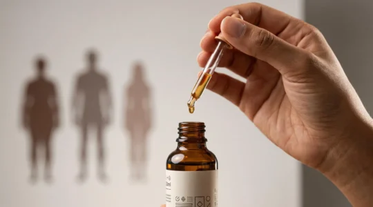 Main tenant une pipette de compte-gouttes au-dessus d'une surface d'huile, symbolisant le calcul précis d'une dose de CBD adaptée au corps