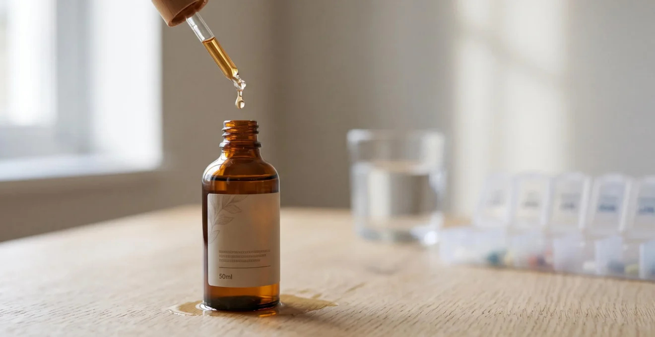 Flacon compte-gouttes d'huile de CBD pose sur une surface en bois clair, avec une goutte suspendue et une ambiance de lumiere naturelle douce evoquant la vigilance et le bien-etre
