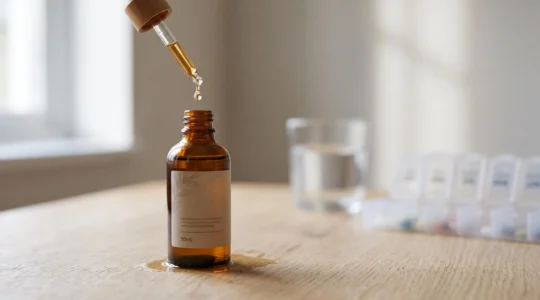Flacon compte-gouttes d'huile de CBD pose sur une surface en bois clair, avec une goutte suspendue et une ambiance de lumiere naturelle douce evoquant la vigilance et le bien-etre