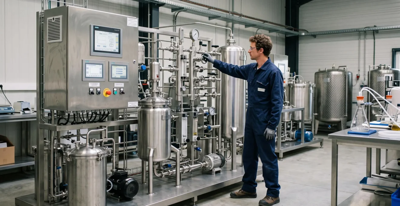 Technicien opérant un système d'extraction au CO2 supercritique dans un laboratoire de production de CBD