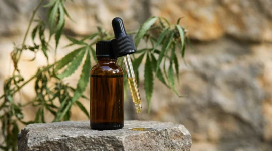 Flacon de cosmétique au CBD posé sur une surface naturelle, évoquant la recherche d'authenticité face au marketing