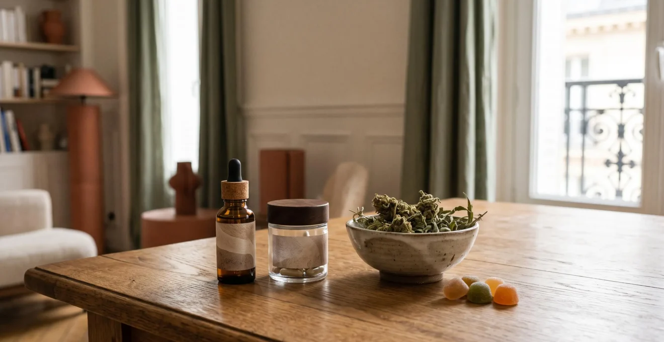 Assortiment elegant de differents formats de CBD (huile, gelules, fleurs, bonbons) mis en scene dans une ambiance francaise chaleureuse