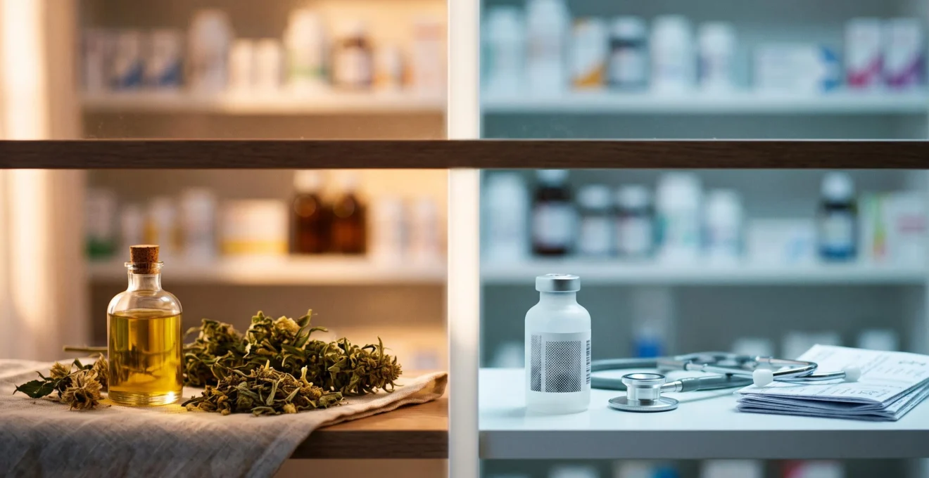 Illustration symbolisant la frontiere legale entre le CBD en vente libre et le cannabis medical sur ordonnance en France