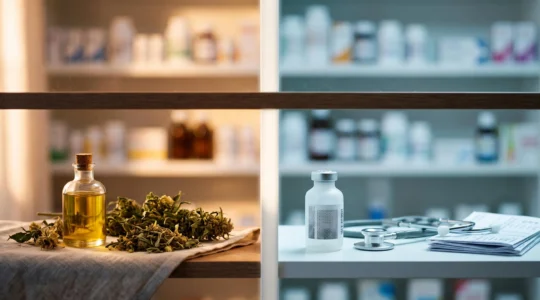 Illustration symbolisant la frontiere legale entre le CBD en vente libre et le cannabis medical sur ordonnance en France