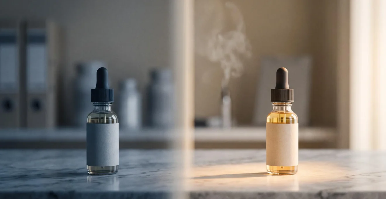 Deux flacons de e-liquide de vapotage se faisant face, l'un dans l'ombre et l'autre dans la lumière, symbolisant la frontière légale entre le THC et le CBD en France