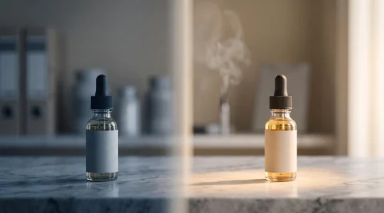 Deux flacons de e-liquide de vapotage se faisant face, l'un dans l'ombre et l'autre dans la lumière, symbolisant la frontière légale entre le THC et le CBD en France