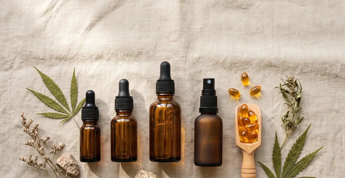 Assortiment de produits à base d'huile de CBD, flacon compte-gouttes, capsules et spray, disposés avec élégance sur une surface neutre