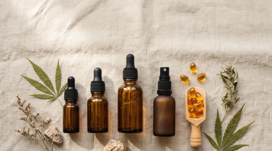 Assortiment de produits à base d'huile de CBD, flacon compte-gouttes, capsules et spray, disposés avec élégance sur une surface neutre