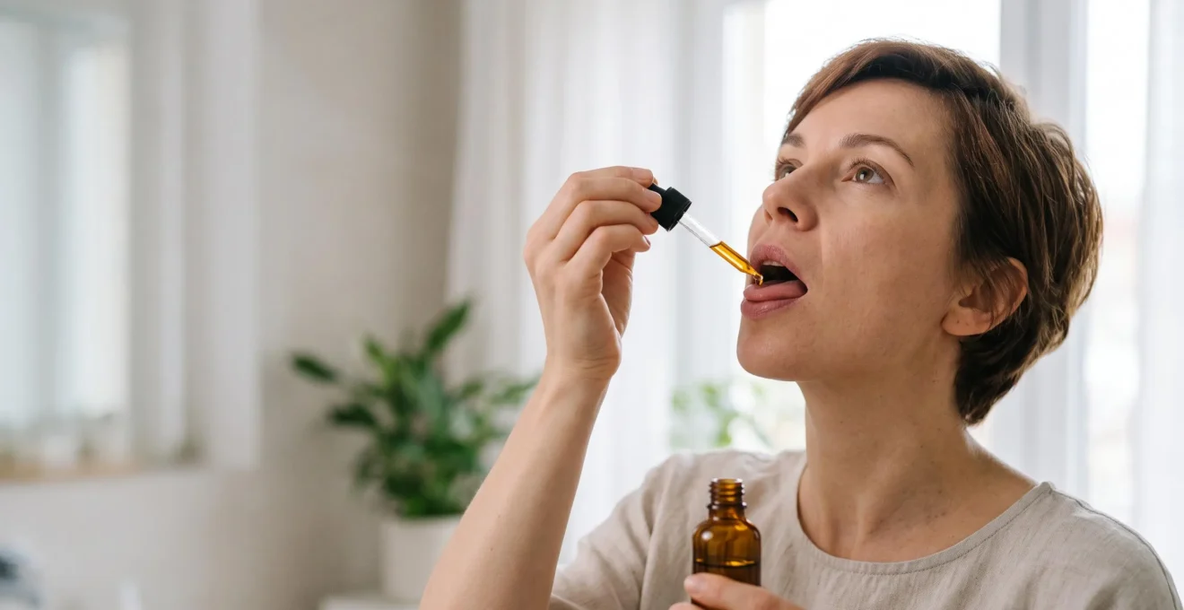 Main tenant délicatement une pipette d'huile de CBD au-dessus de la bouche pour une application sublinguale, dans une ambiance lumineuse et épurée