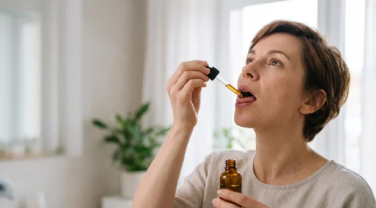 Main tenant délicatement une pipette d'huile de CBD au-dessus de la bouche pour une application sublinguale, dans une ambiance lumineuse et épurée