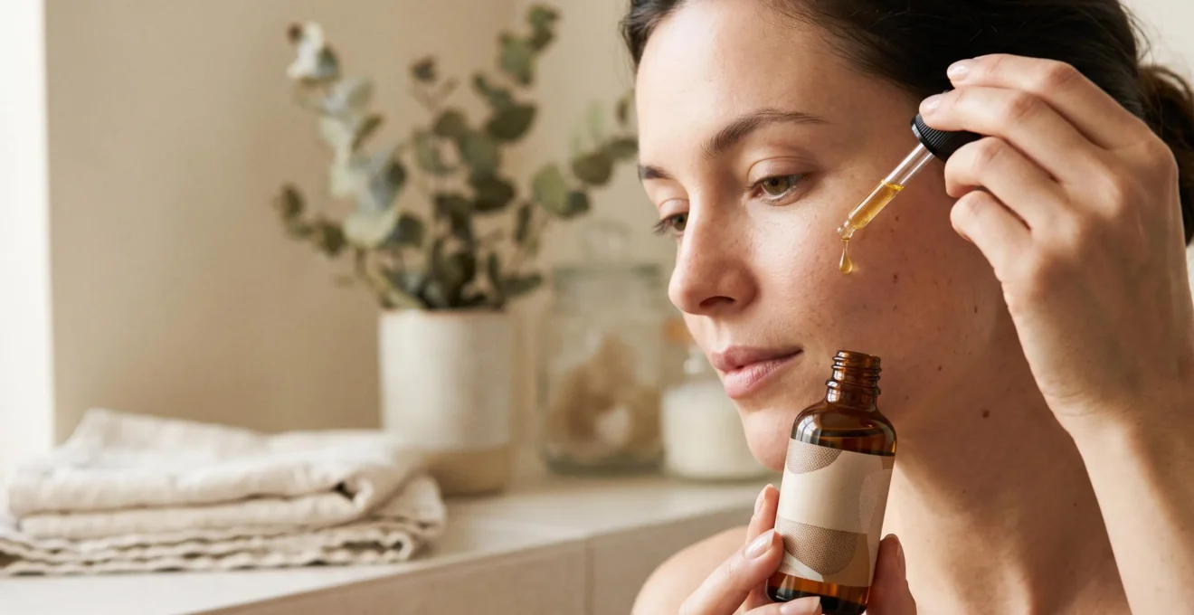 Flacon compte-gouttes d'huile ambrée déposant une goutte dorée sur le bout des doigts avant application sur le visage, dans une ambiance de soin naturel