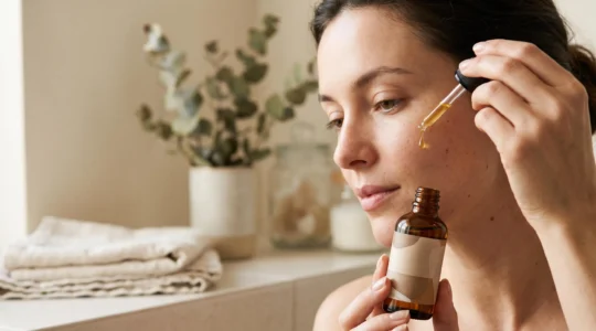 Flacon compte-gouttes d'huile ambrée déposant une goutte dorée sur le bout des doigts avant application sur le visage, dans une ambiance de soin naturel