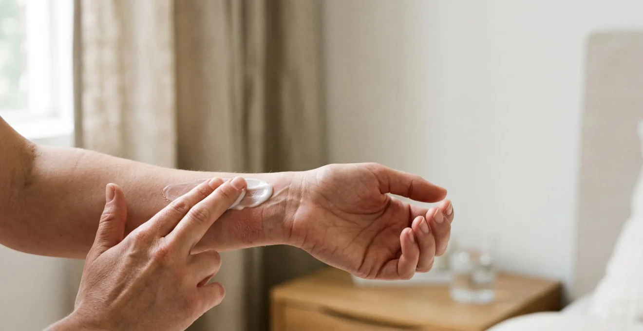 Main appliquant délicatement une crème onctueuse sur un avant-bras à la peau très sèche, dans une lumière naturelle apaisante