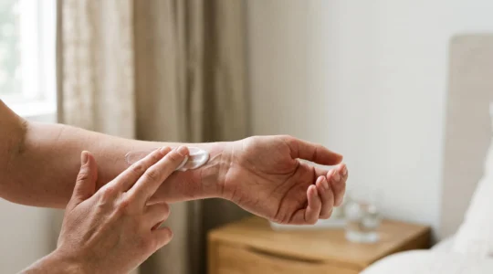 Main appliquant délicatement une crème onctueuse sur un avant-bras à la peau très sèche, dans une lumière naturelle apaisante